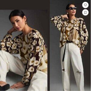 Anthropologie Blank oversized puffy sleeves brown blouse size XS